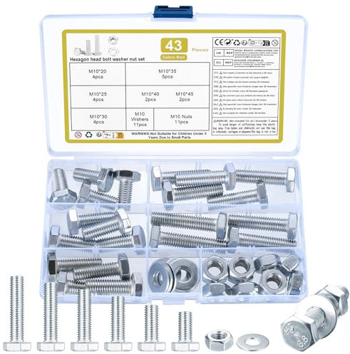 43 Pcs M10 Juego de Tornillos Hexagonales y Tuercas Con Arandelas, Tornilleria de Máquina Para Montaje y Fijación