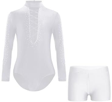 Oyolan Kinder Jungen Gymnastikanzug Turnanzug Langarm Leotard Patchwork Turntrikot mit Shorts Wettbewerb Tanzkostüm Weiß 170