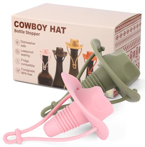 2pcs Cowboy Hat Wine Bottle Stopper, Funny Silicone Wine Plug Champagne Cork Cover Cap Decorative Topper Mother & Father Gifts to Seal and Keep Wines Fresh (Green, Pink)