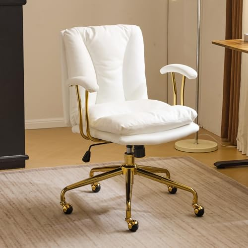 Bonnlo Fauteuil de Bureau en Cuir, Chaise avec Accoudoir, Siège Bureau Ergonomique, Chaise Pivotante avec Dossier Rembourré et Pied Doré (Blanc)