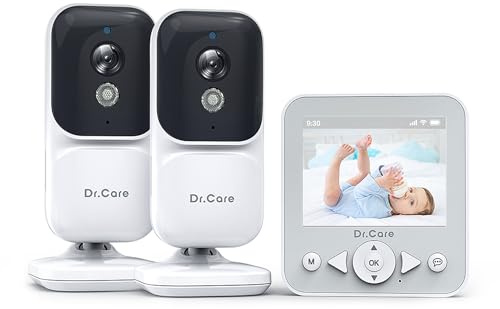Dr.Care Baby Monitor 2 Cameras NeoView, Schermo 2.8 Pollici, Videocamera con Audio Bidirezionale, Visione Notturna, Modalità VOX, Sensore Temperatura, Ninne Nanne, Batteria 1500 mAh, Clip per Cintura