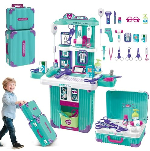 BAKAJI Playset Trolley Dottore 2 in 1 Giocattolo per Bambini Trasformabile in Postazione Medica con Tantissimi Accessori Realistici, Valigetta Portatile Salvaspazio, Gioco Educativo, Idea Regalo
