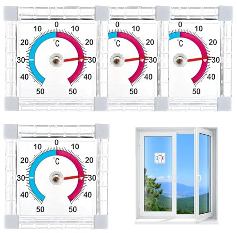 Confezione da 4 termometri esterni resistenti alle intemperie, + – 50 °C, termometri esterni autoadesivi, trasparenti per frigorifero, analogici, termometri esterni per finestre e porte esterne