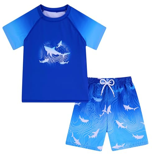 ALISISTER Boys'Swimwear Sets Shark Bathing Suit Blue Short Sleeve Rash Guard Swim Boardshorts with Mesh Liner