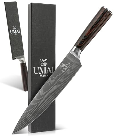 UMAI Cuchillo Chef 20 cm (8) – Cuchillo de Cocina de Acero Inoxidable 7Cr17MoV con Patrón de Damasco – Mango Ergonómico de Madera Pakka – Incluye Funda Protectora - Cuchillo Versátil Para Uso Diario