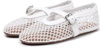 Mesh Ballet Flats for Women - Comfortable Fishnet Ballerina Flats with Buckle Strap, Wide Width Round Toe Shoes for Casual Summer Office Daily Dress & Party White