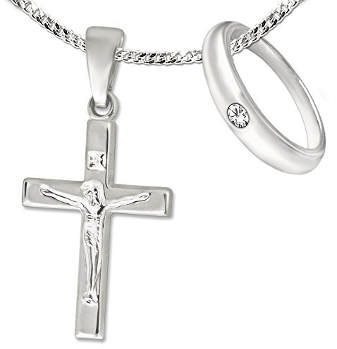 CLEVER SCHMUCK 2 AnhängerJesus Kreuz 17 mm & Taufring schlicht Zirkonia weiß & Kette Panzer 36 cm STERLING SILBER 925 für Kinder im Taufe Etui weiß