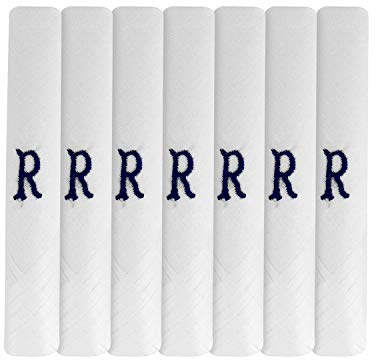 Surf the Shop 7 Pack Of Mens Initial Embroidered White Handkerchiefs With Satin Border, Various Letters (R)
