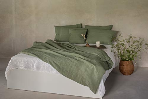 Ger3as Juego de Ropa de Cama de Puro Lino 100% Lino Lavado A La Piedra Natural (Verde, 200 x 200 cm, 2St. 40 x 80 cm)