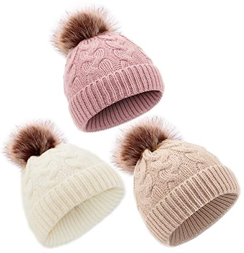 DANMY Baby Beanie Hat, Infant Newborn Toddler Winter Warm Knit Cap for Little Boys Girls, Winter Warm Hat (6-36 Months, white/beige/pink-3PCS)