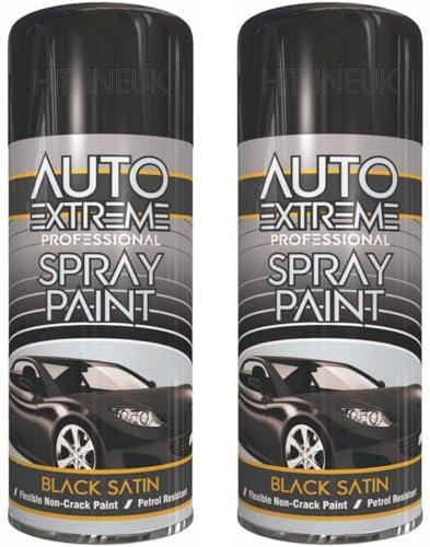 HitlineUK BLACK SPRAY PAINT FOR METAL 400ML X 2 BLACK SATIN PAINT PETROL RESISTANT FLEXIBLE NON-CRACK INTERIOR EXTERIOR PAINT