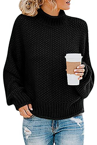 Imuedaen Sweater, Women’s Elegant Winter Turtleneck Sweater, Knitted Sweater, Coarse Knit Sweater, Casual Loose Long Sleeve Tops, A Black, XXL