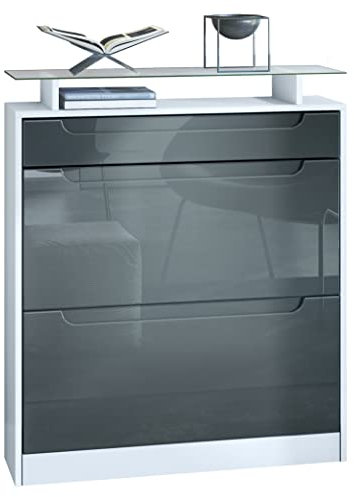 Vladon Schuhschrank Fiesta, Weiß matt/Grau Hochglanz/Grau Hochglanz Schuhkipper für 16 Paar Schuhe mit 2 Klappen (89 x 104 x 23 cm)