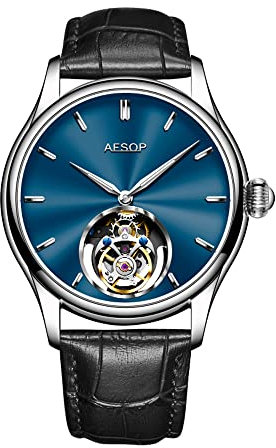Aesop Tourbillon Herrenuhren Mechanischer Handaufzug Analoge Armbanduhren Luxus Skeleton Edelstahl Saphirglas Wasserdichtes Kleid Business Uhr für Herren Geschenk 7040(Blau/Lederband)