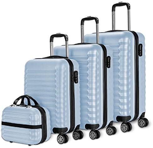 NUMADA - Gepäck-Set und Kulturbeutel 4 Stück Hellblau, groß 75cm, mittel 63cm, klein 53cm, ABS, starr, widerstandsfähig, 4 Doppelräder, leicht, seitliches Kombinationsschloss