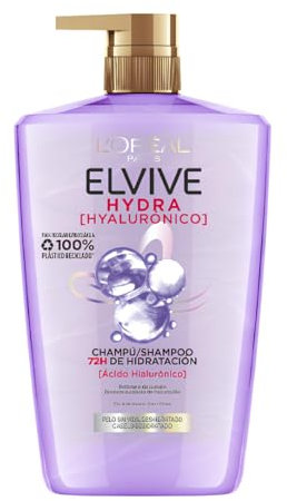 L'Oréal Paris Elvive Shampoo Idratante, Per Capelli Disidratati, 72H Idratazione Profonda, Con Acido Ialuronico, Maxi Formato, Hydra Hyaluronic, 1L