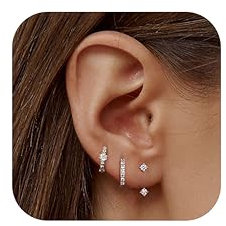 JeweBella 3 Paar Ohrringe Silber 925 Set für Damen 14 Karat Vergoldet Kleine Ohrstecker Stapelbar Zirkonia Creolen für Mehrere Piercings