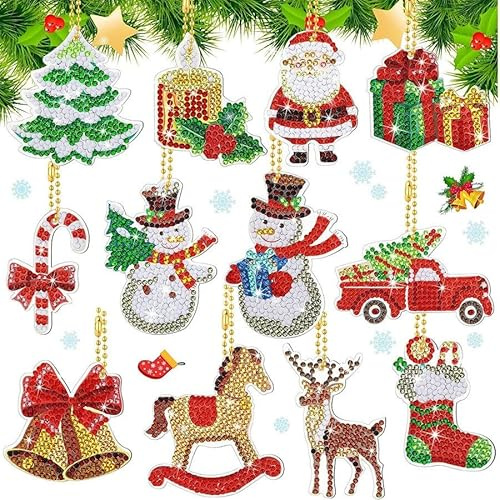 12 Pieces Christmas Diamond Painting Keychain Kits,Double-Sided DIY Xmas Diamond Painting Pendants,5D Full Drill DIY Art Craft Rhinestone Keyrings Kit for Adults and Kids,Xmas Key Pendant Decor