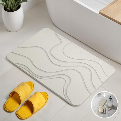 Björn&Schiller Tapis de Salle de Bain en Pierre, séchage Rapide, Tapis de Bain antibactérien, antidérapant et Absorbant en diatomite, Tapis de Douche 60x39 cm, Blanc
