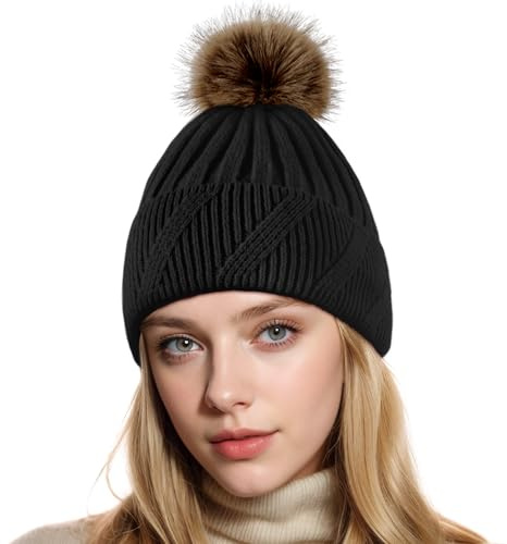 Sombrero Bobble de las señoras Sombrero de invierno Beanie Sombreros Cable Sombrero hecho punto con piel sintética Pom Pom