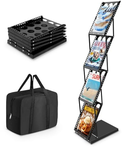 SUNDOY Portable A4 Brochure Display Stand – 4-Pocket Folding Magazine Rack for Trade Shows, Exhibitions, Offices & Events (Black-4-floor)