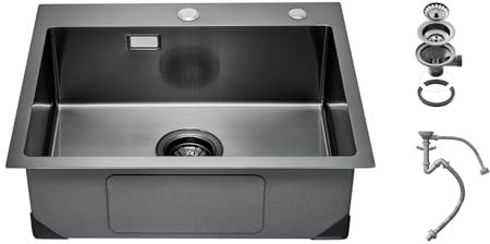 VEVOR Fregadero de Cocina de Acero Inoxidable 304 con Montaje Superior, con Accesorios, Fregaderos de Lavavajillas Domésticos para RV, Cocina de Preparación y Barra (Negro), 680 x 450 x 190 mm