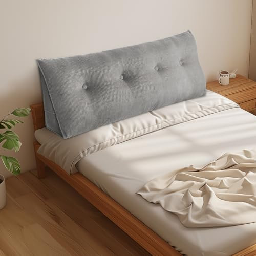 OHMG 120/140/160/180/200 cm Rückenkissen, geeignet für Bett und Sofa, Lendenkissen, Lesekissen, Kissen mit abnehmbarem Nackenband und waschbarem Bezug, praktische Seitentasche (Grau, 140CM)