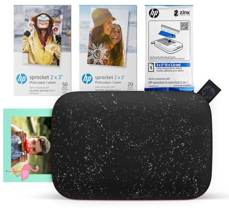 HP Sprocket 2x3 Instant Smartphone Photo Printer 75 Sheets Bundle - Bluetooth Portable Color Wireless Mobile Printer (Black) Zink Sticky-Back Photos