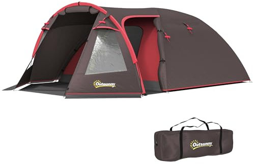 Outsunny Tunnel Campingzelt für 2-4 Personen mit 2 Räumen, Wasserdichtes 3000mm Familien-Trekking-Angelzelt mit verstärktem Boden, Doppeltüren, Transporttasche, 360x250x130 cm, Grau