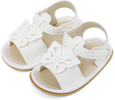 LACOFIA Baby Girls Sandals Infant Breathable Summer Sandals First Walking Shoes with Anti-Slip Soft Sole White Butterfly 12-18 Months