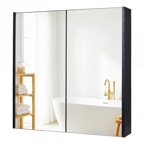 COSTWAY Bathroom Mirror Cabinet, Wall Mounted Storage Cupboard with Shelf, Home Kitchen Living Room Display Organiser Unit (Double Door, Black)