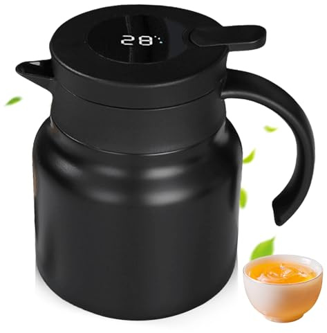 1.5l Thermos, Cafetière en acier inoxydable, Thermos café 304 Acier Inoxydable Double-Wall Vacuum, Pichet isotherme avec affichage de la température pour Eau Chaud au Bureau Hôtel et Restaurant (Noir)