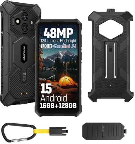 Ulefone RugKing 3 Pro Téléphone Portable Incassable Android 15, 16Go+128Go/SD-2To 5700mAh Batterie Octa-Core AI Smartphone 48MP + 8MP Caméra, 6,56 120Hz/120LM Super Torch/3-Slots/OTG/GPS/NFC Noir