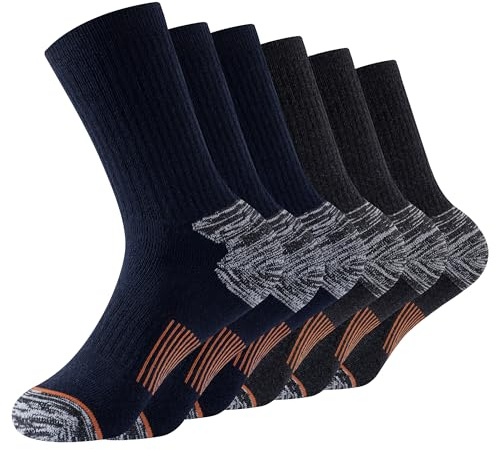 The Essentials Wardrobe Men’s Outdoor Socks 6 Pack Walking Hiking Trekking Socks Cotton Blend Breathable Everyday Work Socks Cushioned Sole Elasticated Ribbed Leg Arch Support Reinforced Heel & Toe