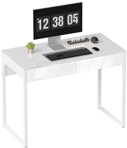 HOMCOM Scrivania Salvaspazio 100x50 cm con 2 Cassetti, Tavolo Computer Moderno con Gambe in Acciaio e Piedini Regolabili per Ufficio, Studio, Soggiorno e Camera da Letto, Bianco Lucido