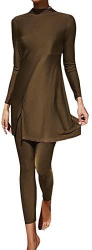 Generico Costume da Bagno Donna Due Pezzi Burkini Musulmano con Reggiseno A Maniche Lunghe E Pantaloni Lunghi Pieghato Monocolore Conservativo per Spiaggia Costume Bikini Donna 2 Pezzi(Brown, L)