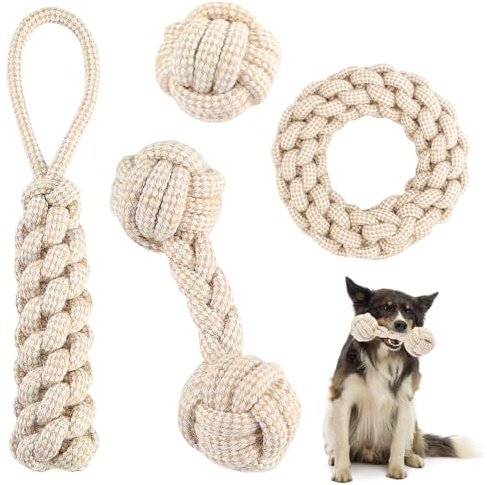 XRVRILE Giocattolo per cani con corda con nodo, set di 4 giocattoli per cani in 100% canapa naturale, giocattolo per cani