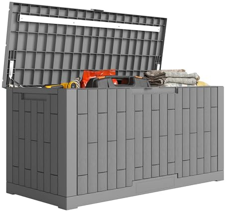 Outsunny Gartenbox 379 Liter Auflagenbox mit Holzoptik Wasserdicht Abschließbar Outdoor Kissenbox aus Kunststoff UV-beständig Aufbewahrungsbox für Garten Balkon Terrasse 122,5 x 56 x 62 cm Grau