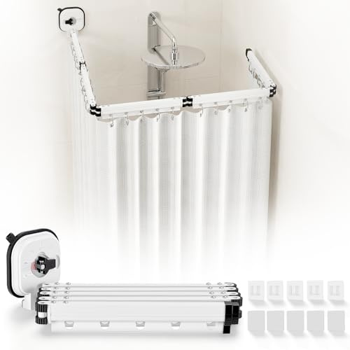 Cortina de ducha sin taladrar, potente ventosa, barra de cortina de ducha plegable con ventosa, barra de cortina de ducha en forma L/U para ducha de esquina, ducha, blanco (5 pliegues, 190 cm)