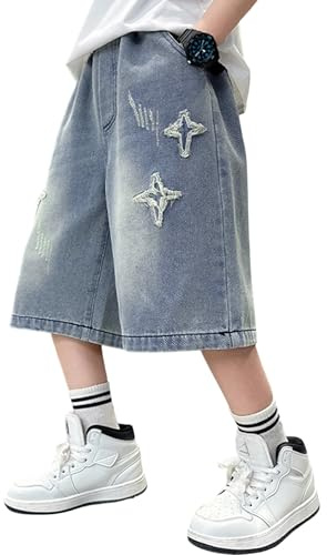 Rolanko Pantaloncini di Jeans Larghi per Ragazzi, Vita Elastica Gambe Larghe Shorts Denim Estivi al Ginocchio, Stella Blu, 13-15 Anni, 170