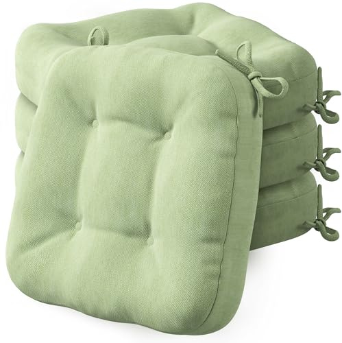 Codi Kitchen Seat Cushions 4 Pack, 8cm Thick Chair Pads For Garden, Sage | Outdoor Water-Resistant Cover, 40×40cm Memory Foam Cushion For Patio And Dining, Machine Washable, Non-Slip, Secure Ties