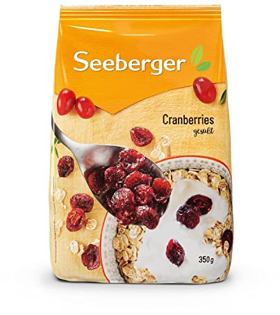 Seeberger Cranberries sucrées : Cranberries du Canada coupées en deux, fruitées et sucrées pour snack, comme ingrédient, pour améliorer vos plats - séchées et non soufrées (1 x 350 g)