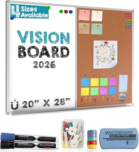 Besso Vision Board 2026: Dry Erase Cork Board Combo Set - 20 x 28 Magnetic White Board and Cork Bulletin Combination Board, Use as Message Board, Memo Board - w/Markers, Eraser, Magnets, Push Pins