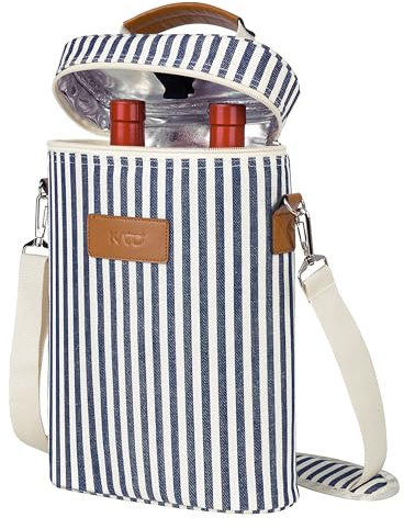 Kato Tirrinia Insulated Wine Cooler Bag, 2 Bottle Padded Wine Tote Carrier for Picnic, Beach, Camping, Wine Lover Gift, Stripe