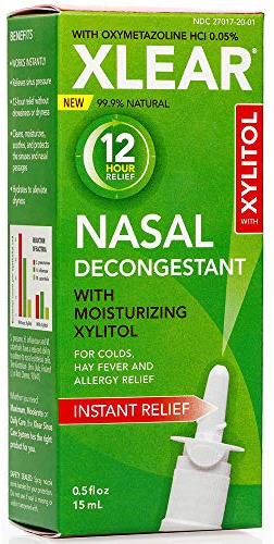 Xlear 12-Hour Natural Saline Nasal Decongestant Spray with Xylitol and Oxymetazoline, Instant Sinus Pressure and Congestion Relief for Kids and Adults 0.5 fl oz (Pack of 2)