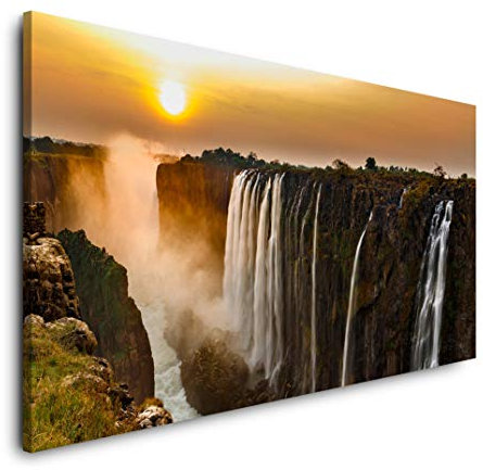 Wasserfall mit Sonnenuntergang 120x 60cm Panorama Leinwand Bild XXL Format Wandbilder Wohnzimmer Wohnung Deko Kunstdrucke