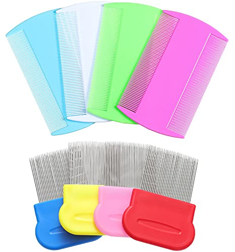 Maitys 8 Pieces Flea Lice Combs Double Sided for Lice, Nit and Removal Dandruff, Plastic and Metal Head Hair Comb, Peine Para Piojos for Kids and Pets(4 x 2 Inches, 2.24 x 2.24 Inches,Novel)