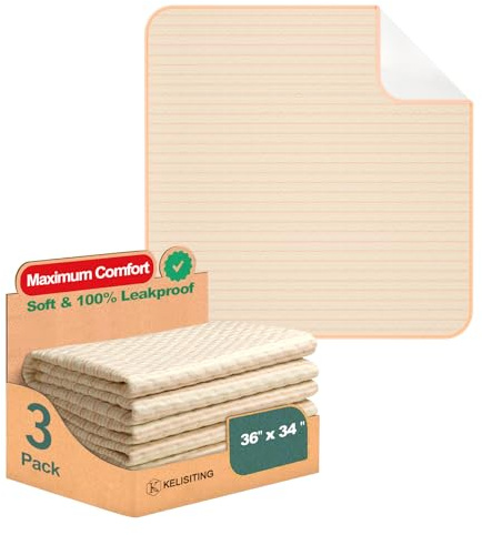 Bed Pads for Incontinence Washable Waterproof, 36 x 34 (Pack of 3) - Reusable Medium Bamboo Fiber Pee Pads for Adults, Women, Elderly, Pet, 4-Layer Underpads for Sofa, Couch, Furniture - KELISITING