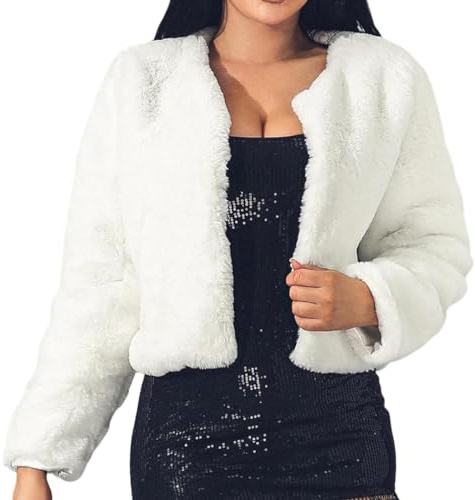 JEWEKY Faux Fur Coat Long Sleeve Shaggy Jacket Cropped Fluffy Coat Winter Warm Outwear Fur Jacket for Women (White,S)