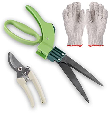 YOYIAG Tijeras de jardín para bordes: juego de 3 cortadores de césped, tijeras de césped de corte suave con agarre antideslizante, guantes de lana de algodón, arbustos, tijeras de jardín para césped
